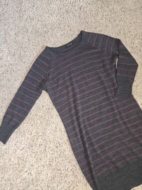VENUS Charcoal Gray & Burgundy Striped Sweater Dress